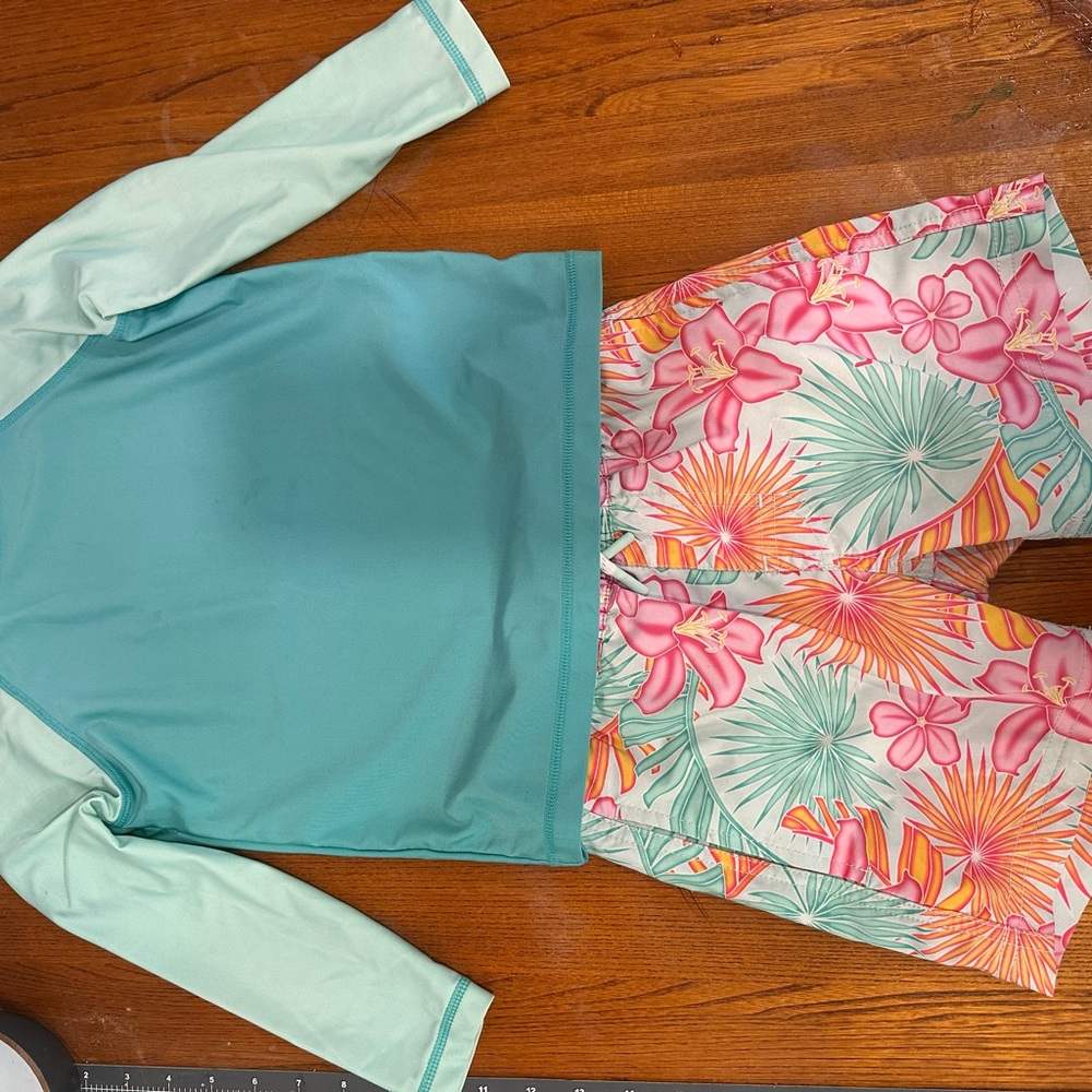 3 for $10! Kids Swim Rashguard Set - Aqua and Pink Floral